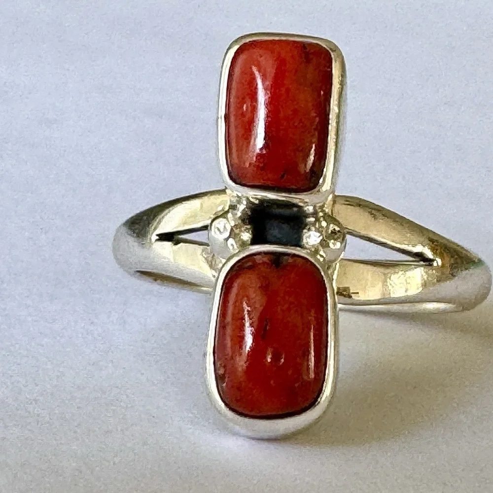 Navajo Red Branch Coral Ring Sz 9 Sterling‎ Signed A Two Stone High Shine Native